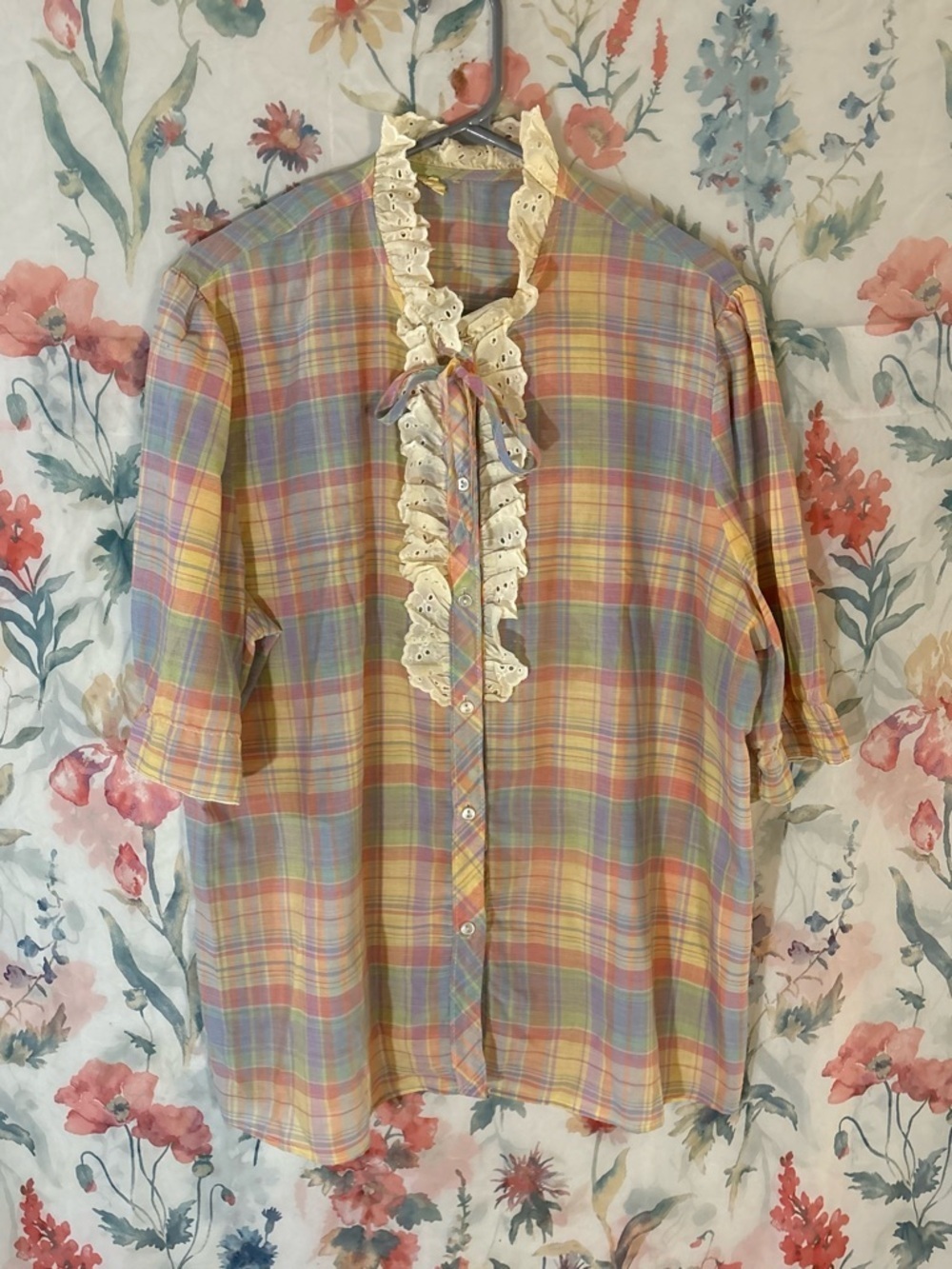 Vintage Pastel Plaid Ruffle Tie-Neck Blouse